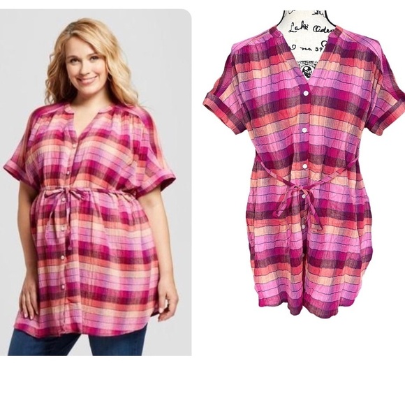 Isabel Maternity by Ingrid & Isabel Tops - Isabel Maternity by Ingrid & Isabel Pink and Orange Plaid Button-Down Tunic